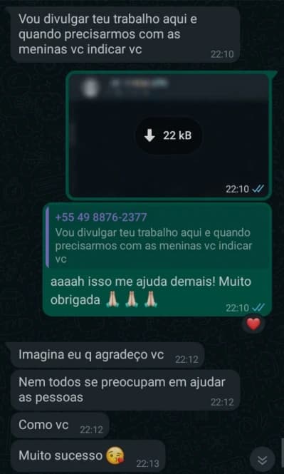 Print de WhatsApp com feedback positivo de cliente sobre as artes entregues
