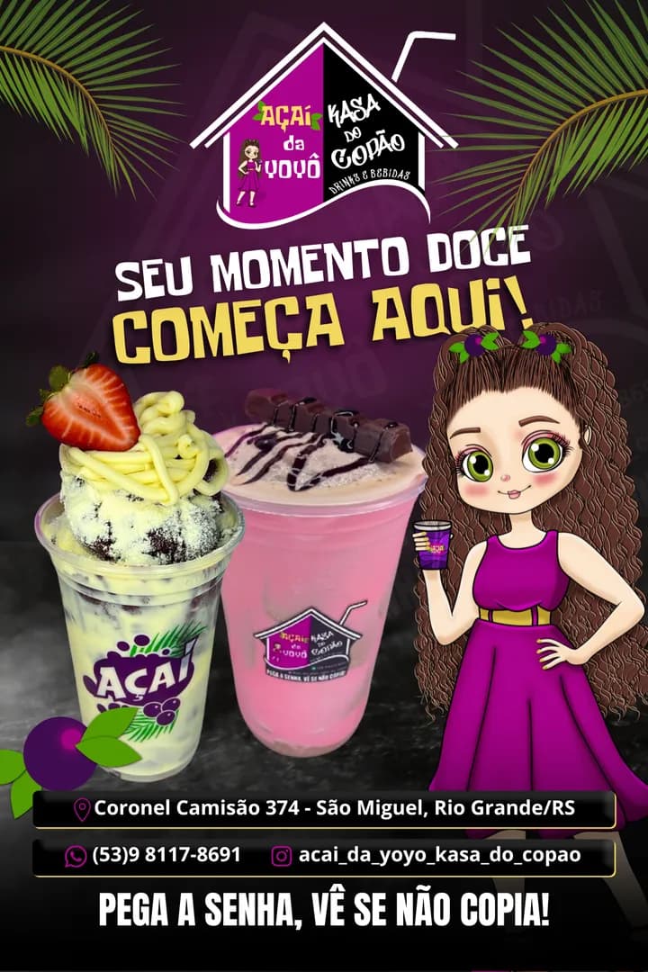 Flyer do Açaí da Yoyô com mascote exclusiva: menina de vestido roxo segurando copo de açaí, copos de açaí com morango e chocolate