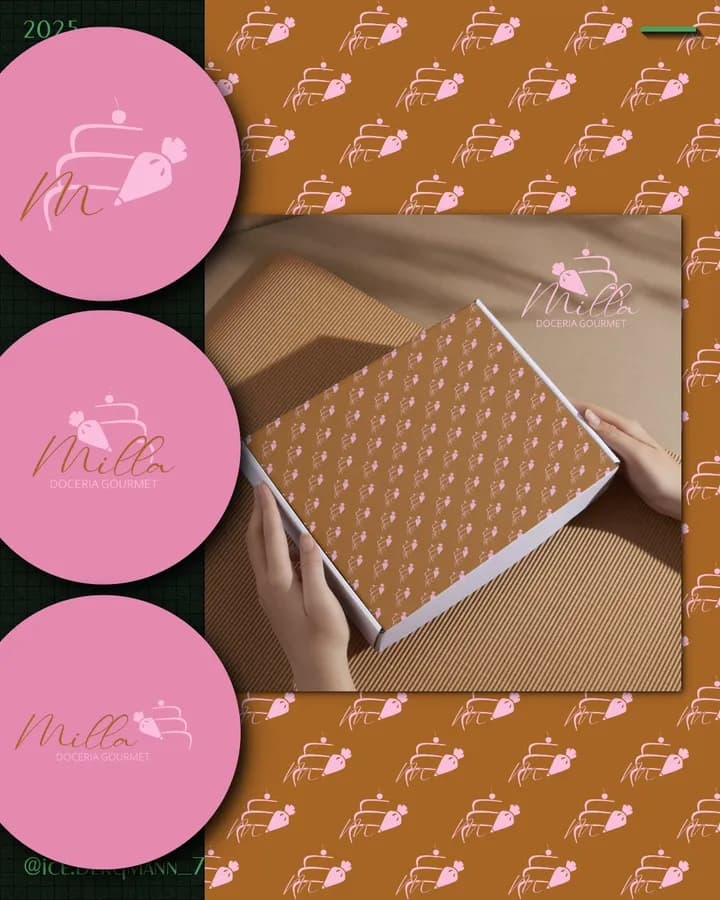 Identidade visual da Milla Doceria Gourmet: logotipo rosa com bico de confeitar, pattern aplicado em embalagem de presente