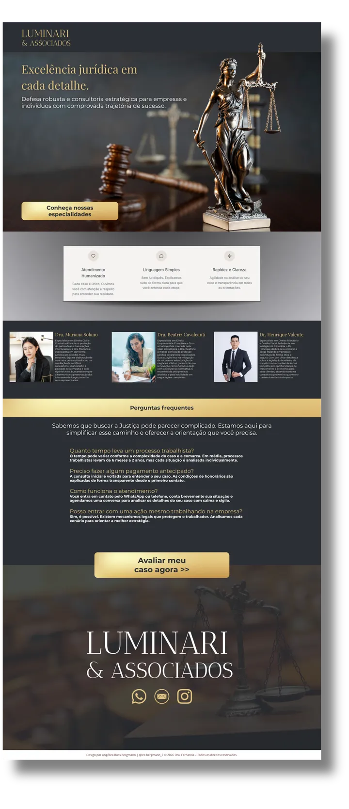 Landing page criada para escritório de advocacia: hero com estátua da justiça, especialidades e perguntas frequentes em dourado