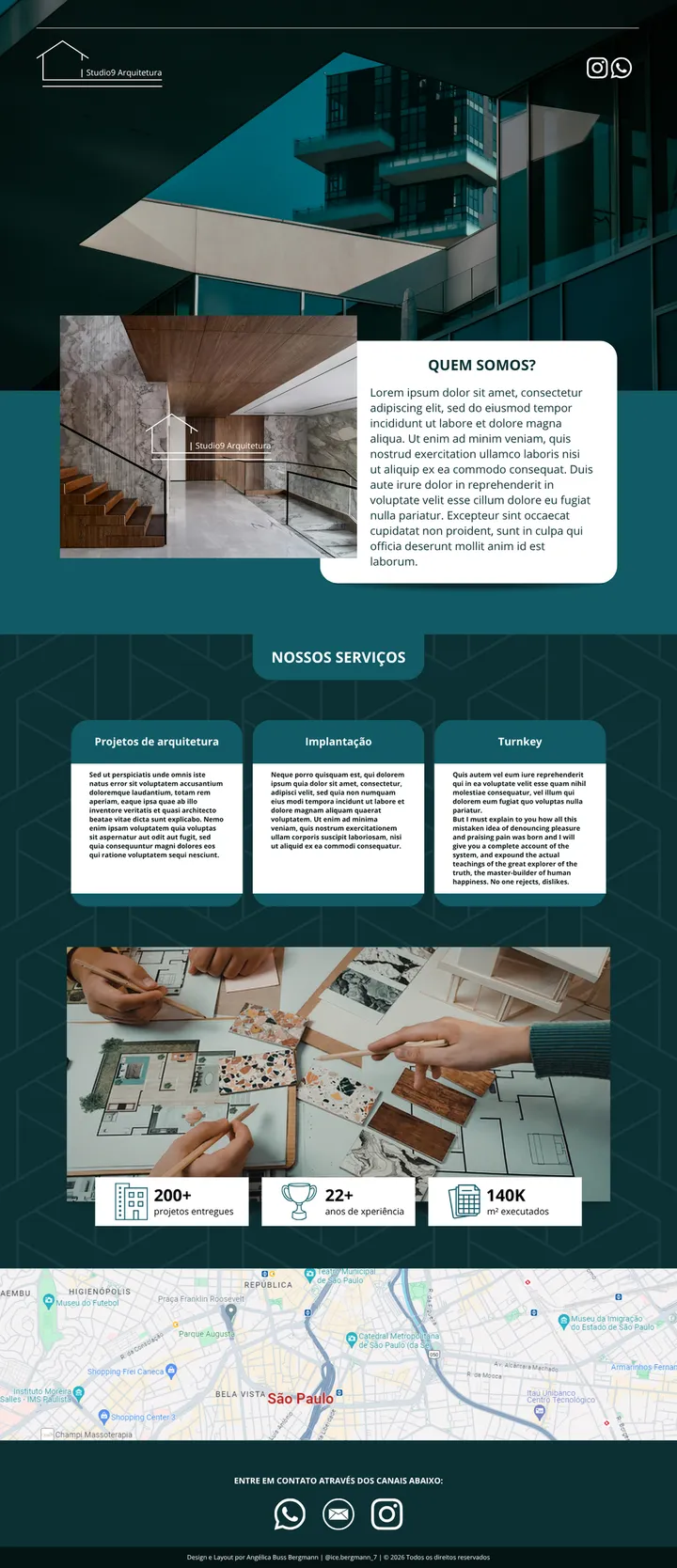 Landing page criada para o escritório Studio9 Arquitetura: seções de serviços, números e mapa em verde-petróleo