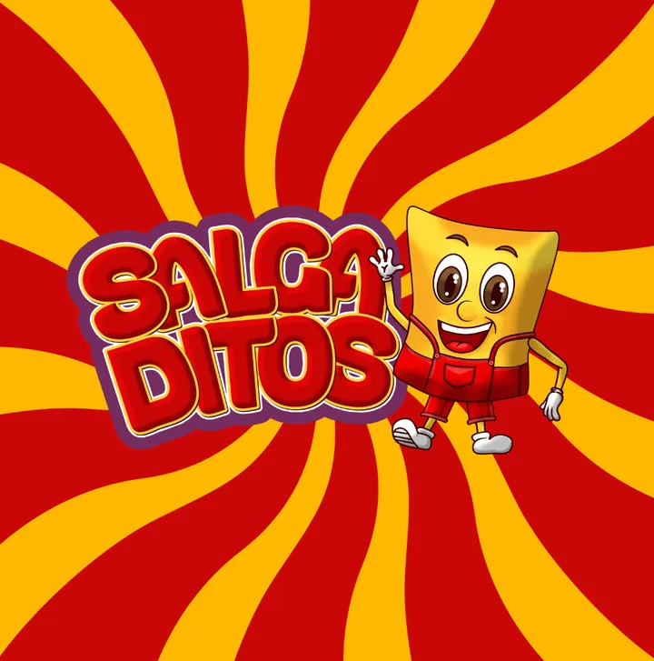 Mascote da marca Salgaditos: pacotinho de salgadinho amarelo sorridente de macacão vermelho, com lettering cartoon